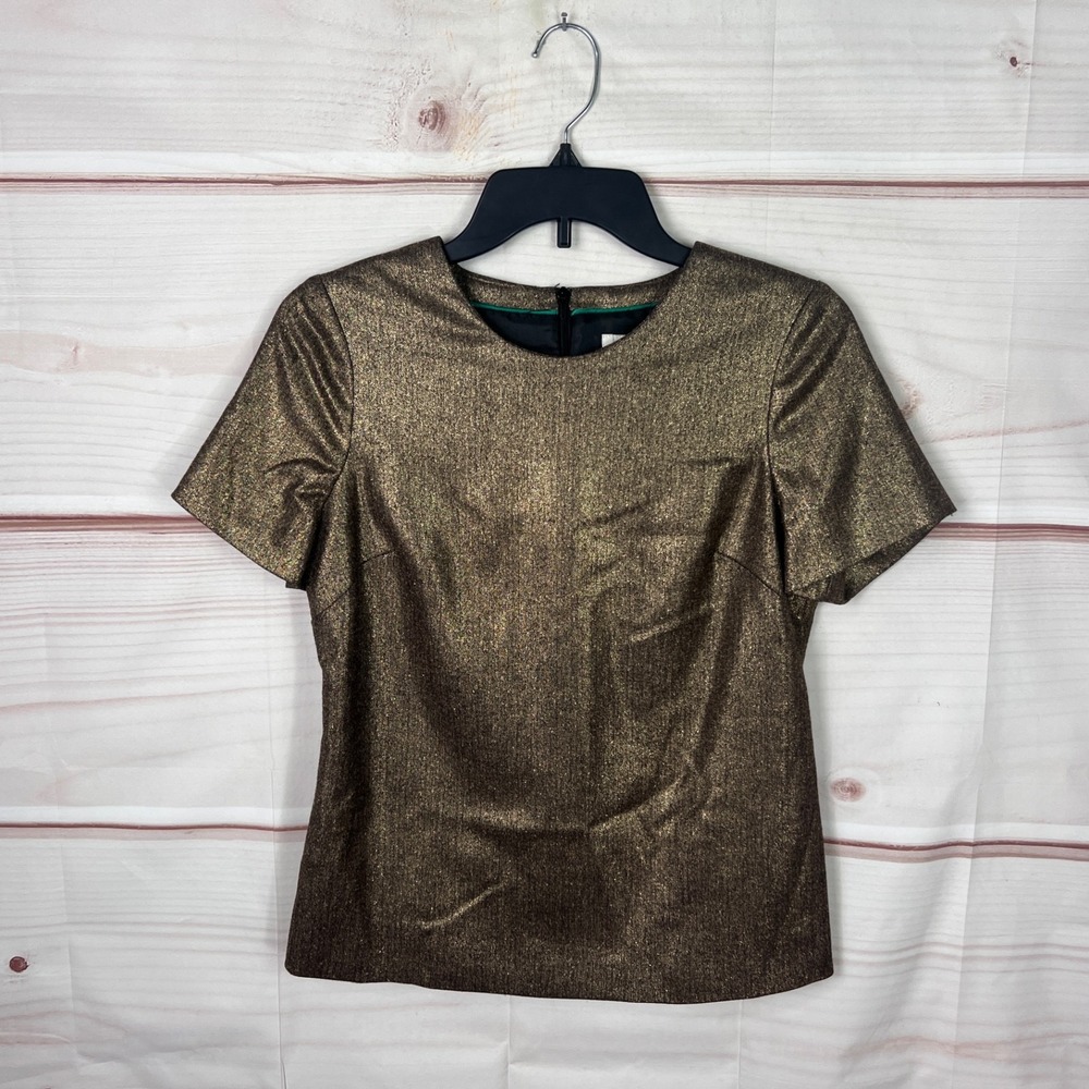 Boden Top Womens US 2 Gold Short Sleeve Blouse Crew Neck Lined Zipper Pullover